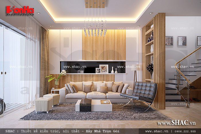 Bộ sofa được bố trí hợp lý trong không gian nội thất của mẫu phòng khách nhà ống hiện đại 