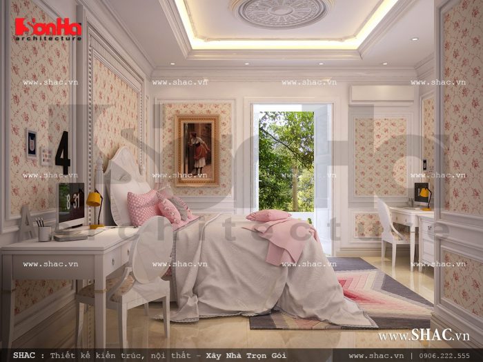 Mẫu thiết kế phòng ngủ tông màu hồng nhẹ nhàng cổ điển sh btp 0092