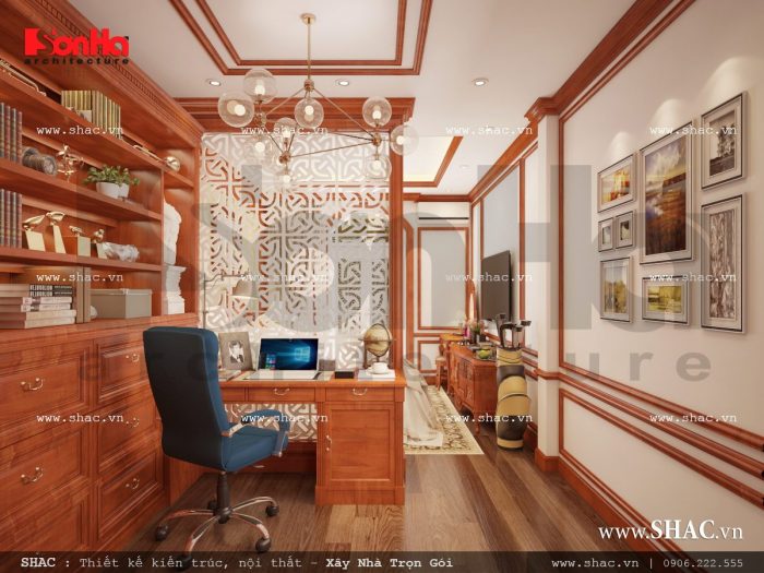 Thiết kế nội thất phòng ngủ kết hợp phòng làm việc cổ điển sh nop 0110