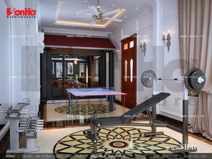 Mẫu thiết kế nội thất phòng tập gym nhà ống cổ điển sh nop 0113