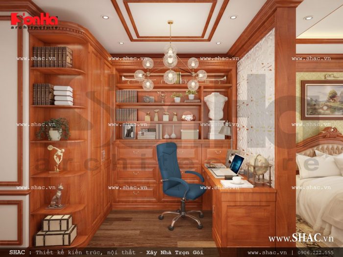 Mẫu nội thất phòng ngủ kết hợp phòng làm việc cổ điển đẳng cấp sh nop 0110