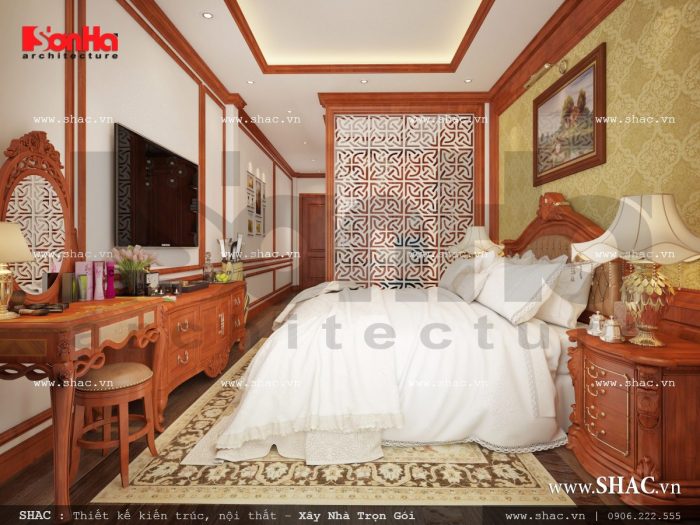 Thiết kế nội thất phòng ngủ kết hợp phòng làm việc cổ điển Pháp sh nop 0110
