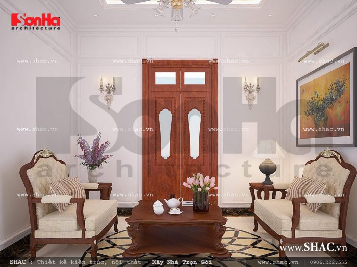 Mẫu thiết kế nội thất phòng sinh hoạt chung nhà ống cổ điển sh nop 0113