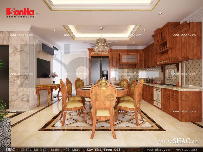 Mẫu thiết kế nội thất phòng bếp vật liệu gỗ nhà ống cổ điển sh nop 0113