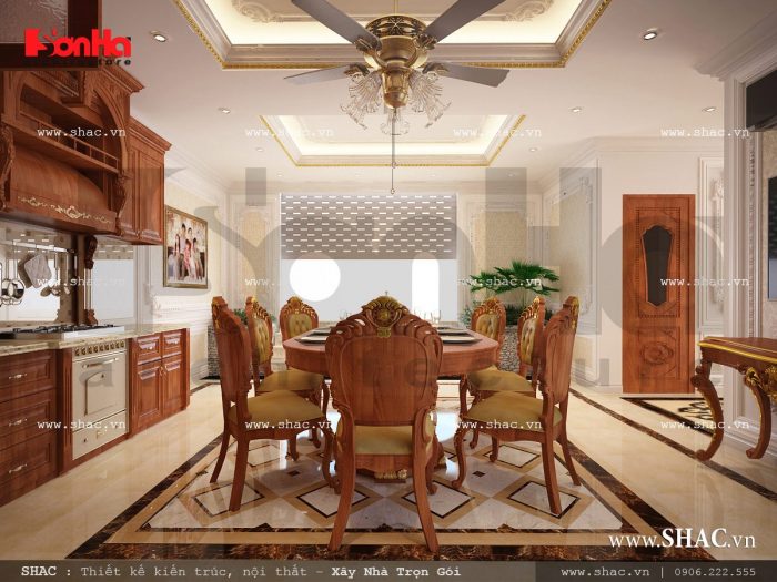 Thiết kế nội thất phòng bếp vật liệu gỗ nhà ống cổ điển sh nop 0113