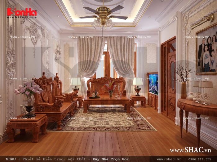 Mẫu thiết kế nội thất phòng khách sang trọng nhà ống cổ điển sh nop 0113
