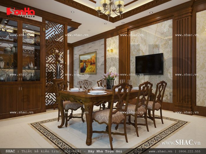 Mẫu nội thất phòng bếp ăn cổ điển vật liệu gỗ sang trọng sh nop 0111