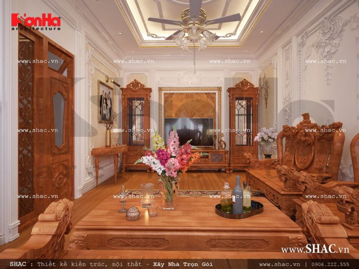 Thiết kế nội thấy phòng khách sang trọng vật liệu gỗ nhà ống cổ điển sh nop 0113