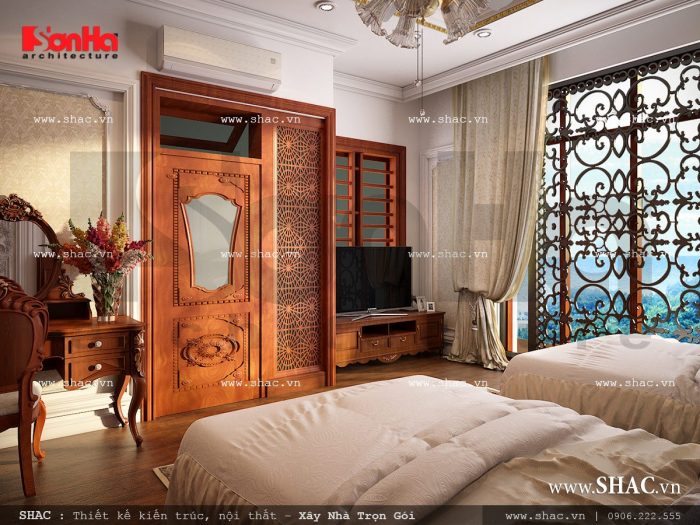 Thiết kế nội thất phòng ngủ 1 vật liệu gỗ nhà ống cổ điển sh nop 0113