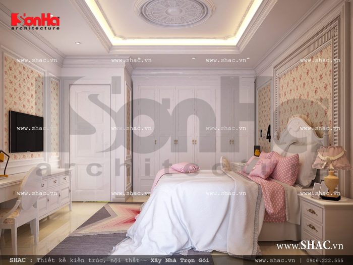 Thiết kế phòng ngủ tông màu hồng nhẹ nhàng cổ điển sh btp 0092