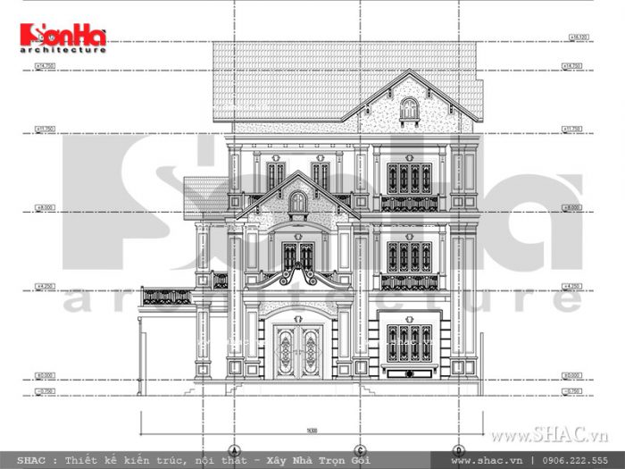 Mặt đứng tổng thể 2 thiết kế biệt thự Pháp tại Ninh Bình sh btp 0094