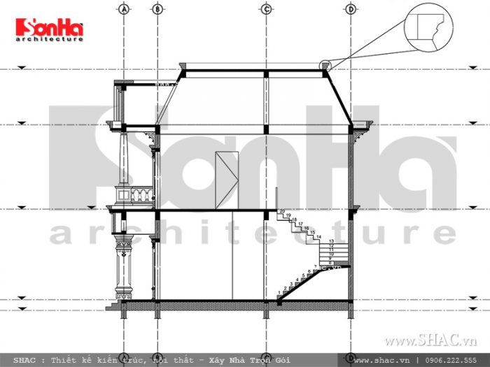 Mặt cắt 3-3 biệt thự Pháp đẹp sh btp 0093