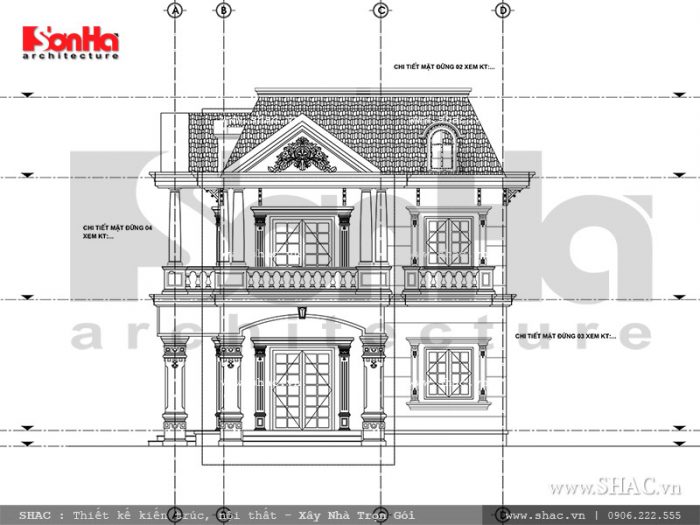 Mặt đứng A-D biệt thự Pháp đẹp sh btp 0093