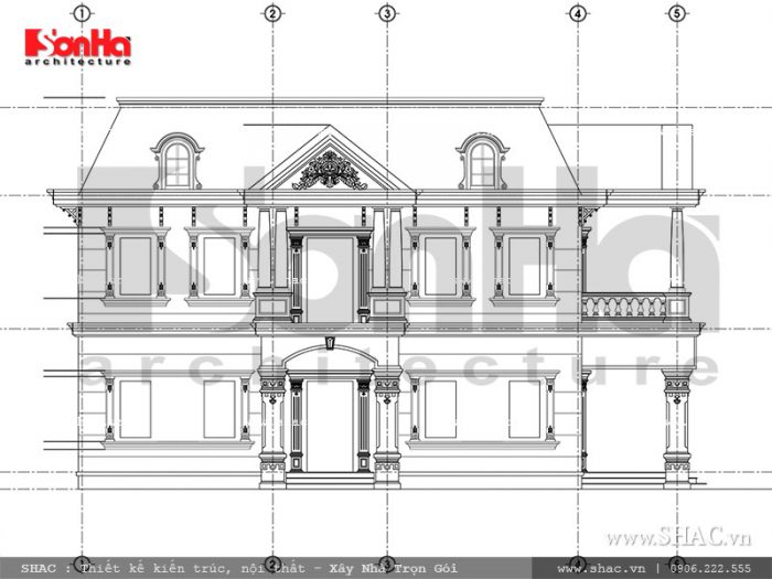 Mặt đứng kỹ thuật trục 1-5 biệt thự Pháp đẹp sh btp 0093