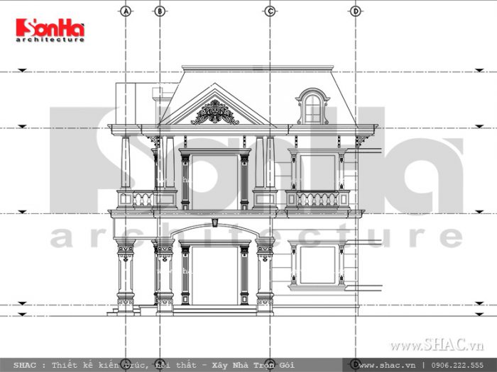 Mặt đứng kỹ thuật trục A-D biệt thự Pháp đẹp sh btp 0093