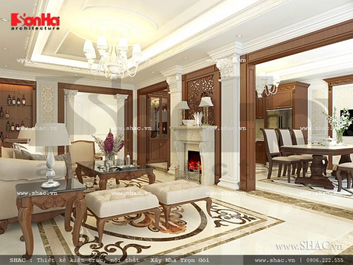 Mẫu thiết kế nội thất liên thông phòng khách và phòng bếp nhà phố kiến trúc Pháp sh nop 0117