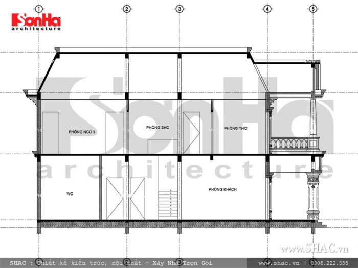 Mặt cắt 1-1 biệt thự Pháp đẹp sh btp 0093
