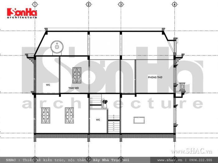 Mặt cắt 2-2 biệt thự Pháp đẹp sh btp 0093