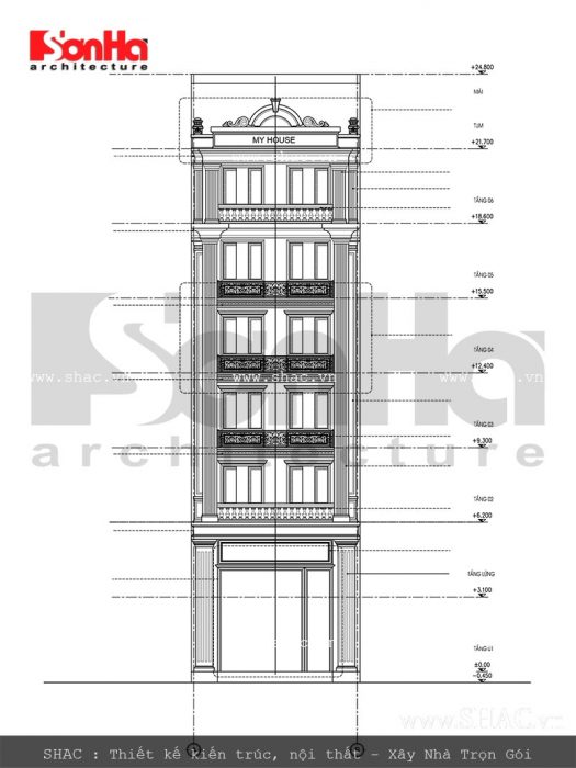 Mặt đứng A-B nhà ống Pháp tại Hải Phòng sh nop 0118