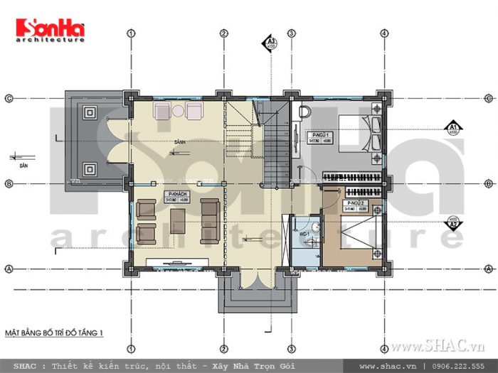 Mẫu thiết kế biệt thự kiến trúc Pháp 2 tầng tại Hải Phòng - SH BTP 0095 35 Mặt bằng tầng 1 biệt thự kiến trúc Pháp tại Tiên Lãng Hải Phòng sh btp 0095