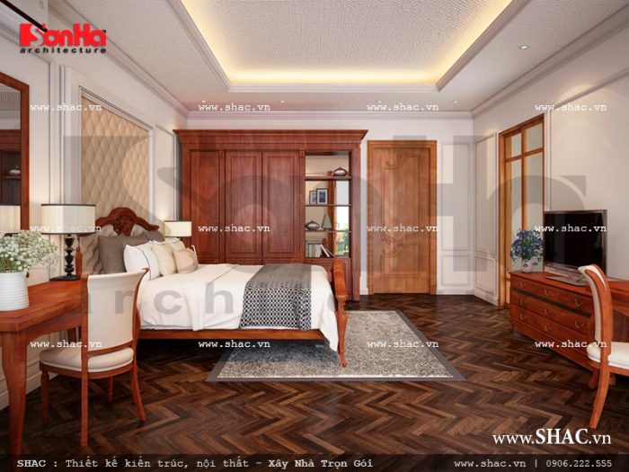 Thiết kế nội thất phòng ngủ gỗ cổ điển đẹp sang trọng sh nop 0120