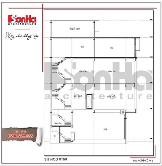 Mặt đứng trục 1-1 bản thiết kế nhà phố hiện đại đẹp sh nod 0159