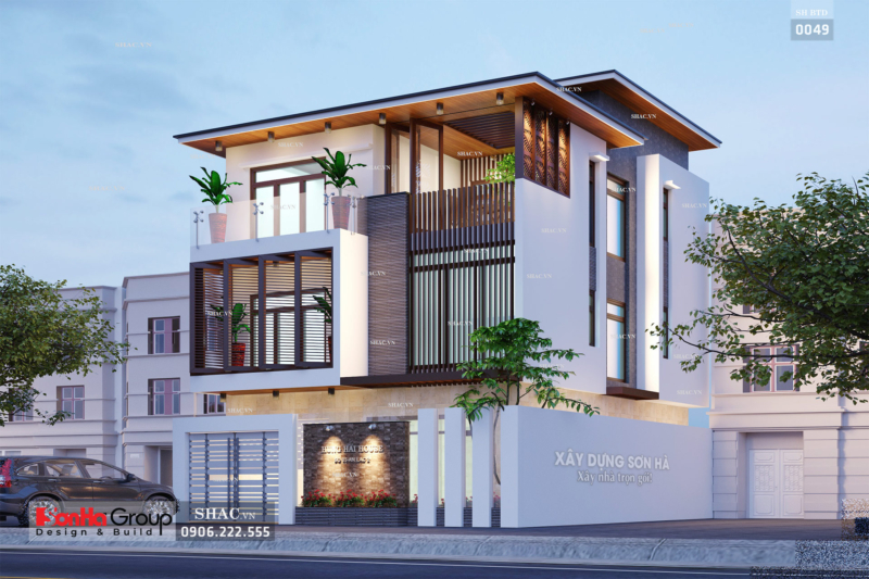 Mẫu nhà phố 3 tầng phong cách Á Đông mặt tiền 10m kết hợp kinh doanh  KTNP06-2019