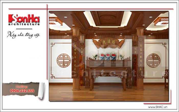 Thiết kế phòng thờ nội thất gỗ nhà phố cổ điển 3 tầng tại Hà Nội SH NOP 0129