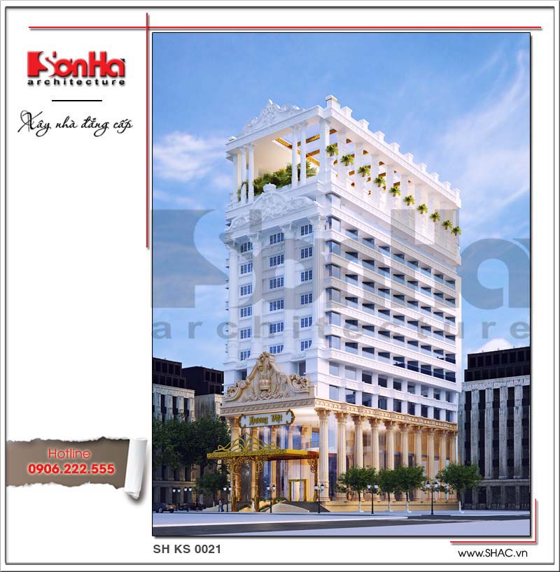 Mẫu thiết kế khách sạn tiêu chuẩn 4 sao nổi bật bởi mang đậm nét kiến trúc châu Âu sang trọng 