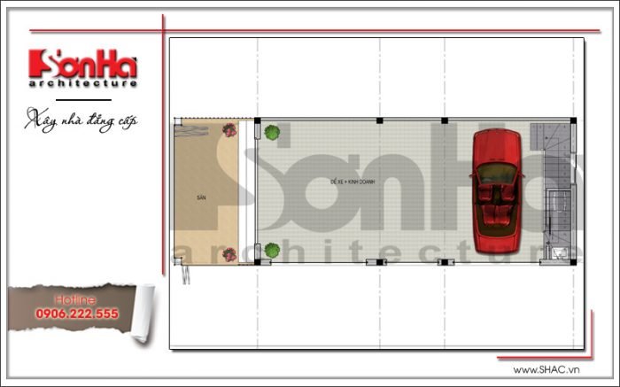 Mặt bằng công năng tầng 1 nhà ống hiện đại tại Hải Phòng sh nod 0169