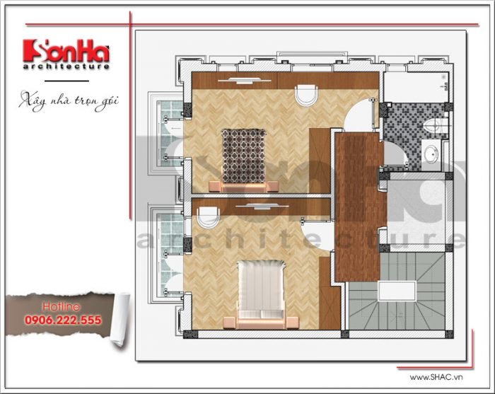 Mặt bằng công năng tầng 3 nhà ống Pháp tại Hà Nội sh nop 0143