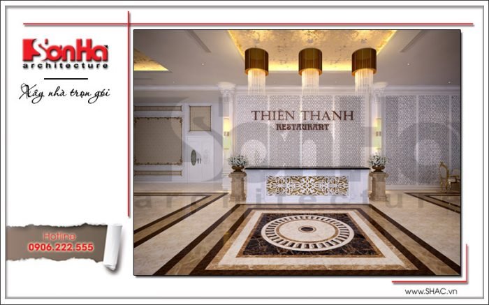 Thiết kế quầy lễ tân nhà hàng 2 tầng kiến trúc Pháp sang trọng tại Phú Quốc sh bck 0045