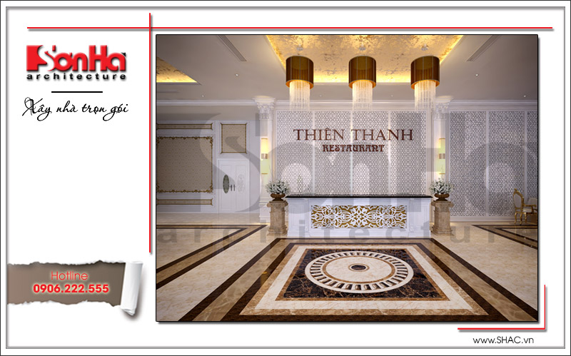 Thiết kế quầy lễ tân nhà hàng 2 tầng kiến trúc Pháp sang trọng tại Phú Quốc sh bck 0045