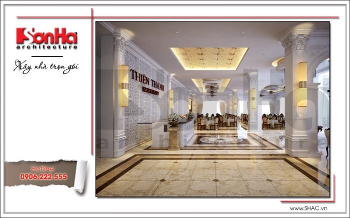 Thiết kế sảnh lễ tân nhà hàng 2 tầng kiến trúc Pháp sang trọng tại Phú Quốc sh bck 0045