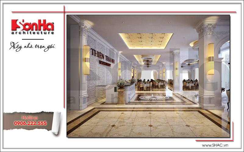 Thiết kế sảnh lễ tân nhà hàng 2 tầng kiến trúc Pháp sang trọng tại Phú Quốc sh bck 0045