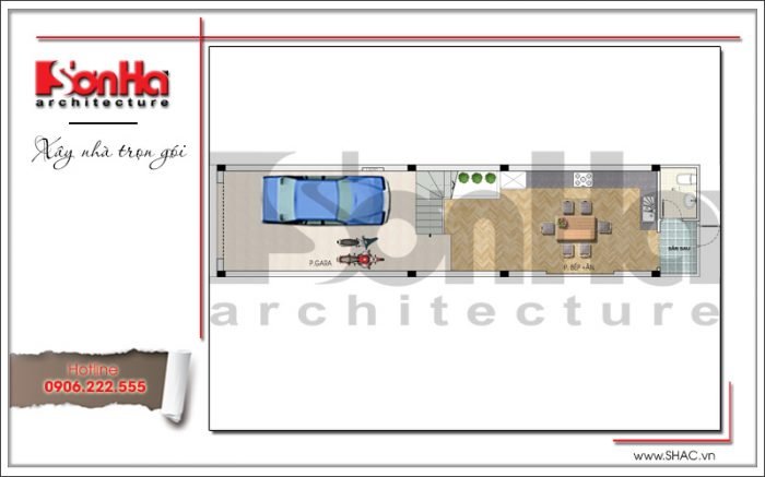 Mặt bằng công năng tầng 1 nhà ống kiến trúc Pháp 4 tầng mặt tiền hẹp tại Hải Phòng sh nop 0145