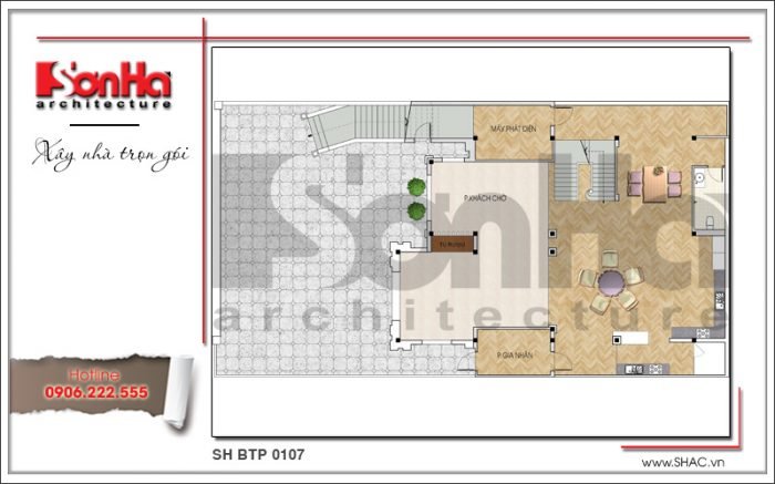 Mặt bằng công năng tầng trệt biệt thự Pháp mái ngói xanh tại Quảng Ninh sh btp 0107