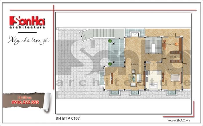 Mặt bằng công năng tầng 1 biệt thự Pháp mái ngói xanh tại Quảng Ninh sh btp 0107