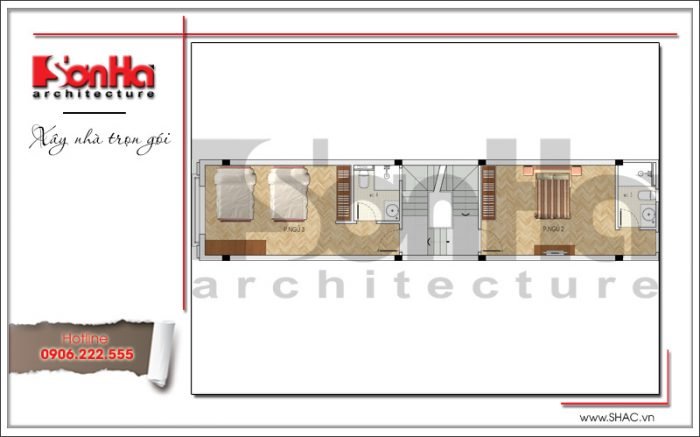 Mặt bằng công năng tầng 3 nhà ống kiến trúc Pháp 4 tầng mặt tiền hẹp tại Hải Phòng sh nop 0145