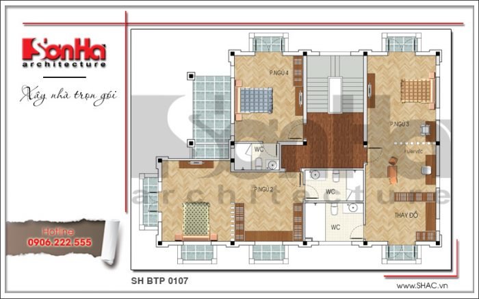 Mặt bằng công năng tầng 2 biệt thự Pháp mái ngói xanh tại Quảng Ninh sh btp 0107