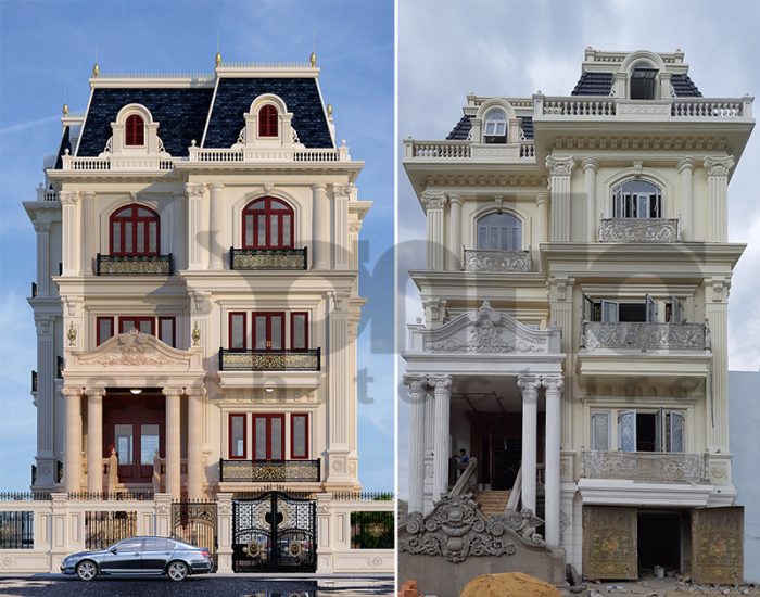 So sánh phối cảnh và ảnh thực tế công trình biệt thự pháp sh btp 0109