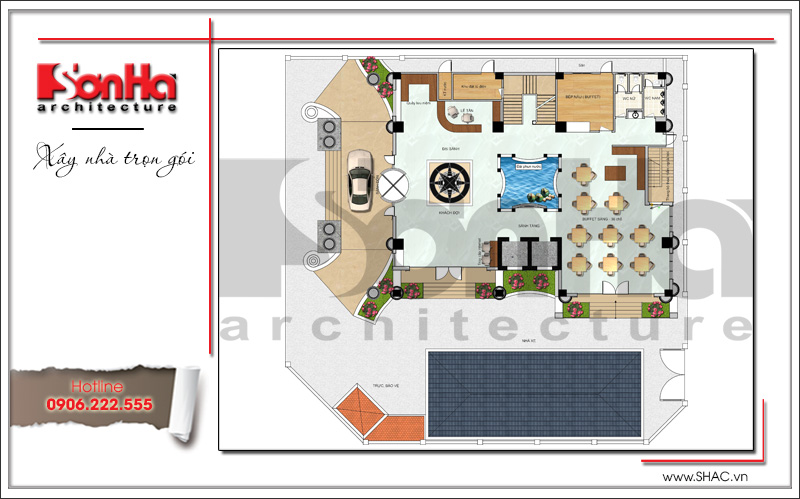 Mặt bằng công năng tầng 1 khách sạn kiến trúc Pháp tại Vĩnh Phúc sh ks 0040