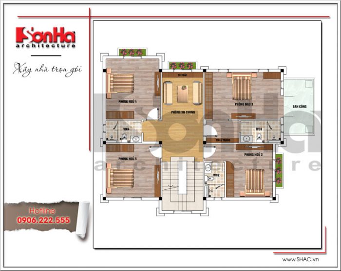 Mặt bằng công năng tầng 2 biệt thự Pháp mái ngói đỏ tại Hưng Yên sh btp 0115
