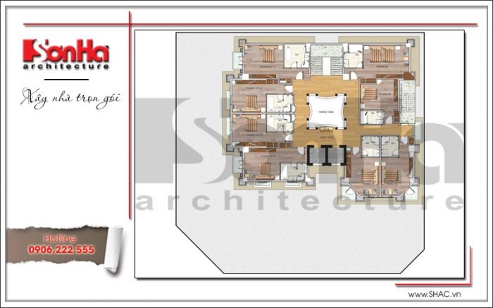 Mặt bằng công năng tầng 6 khách sạn kiến trúc Pháp tại Vĩnh Phúc sh ks 0040