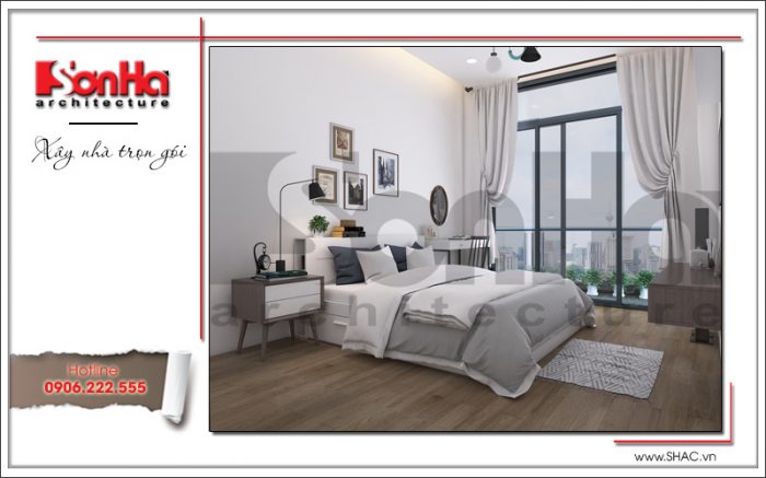 Mẫu thiết kế nội thất phòng ngủ căn hộ chung cư đẹp với vật liệu lát sàn là gỗ công nghiệp cao cấp 