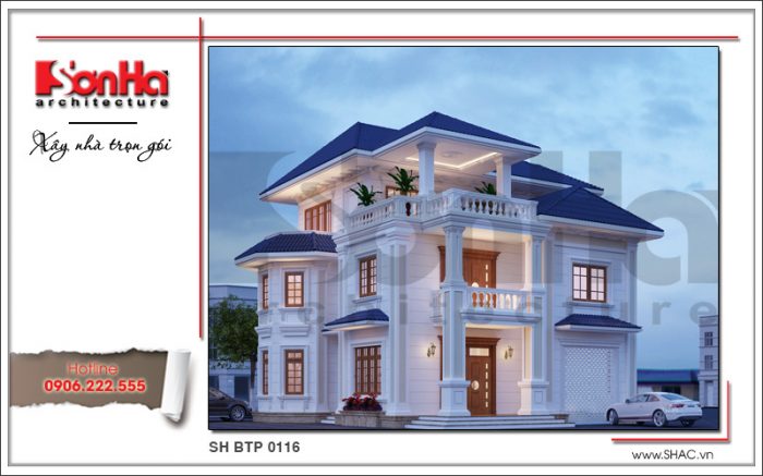 Kiến trúc của mẫu nhà biệt thự 3 tầng phong cách tân cổ điển thể hiện sự thẩm mỹ cao