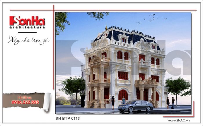 Thiết kế kiến trúc mặt tiền đẹp của mẫu nhà biệt thự 4 tầng kiểu lâu đài cổ điển tại Quảng Ninh