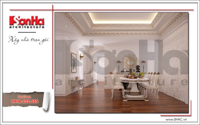 Thiết kế nội thất phòng ăn cổ điển căn hộ đẹp với cách bố trí bàn ăn cổ điển tone trắng nền nã 