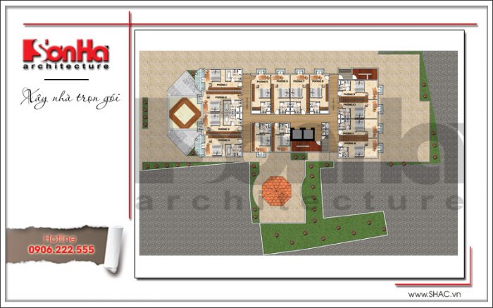 Thiết kế khách sạn 3 sao đẹp – KS 0009 12 Bản vẽ mặt bằng tầng 1 đến tầng 4 khách sạn tiêu chuẩn 3 sao cổ điển tại Bến Tre