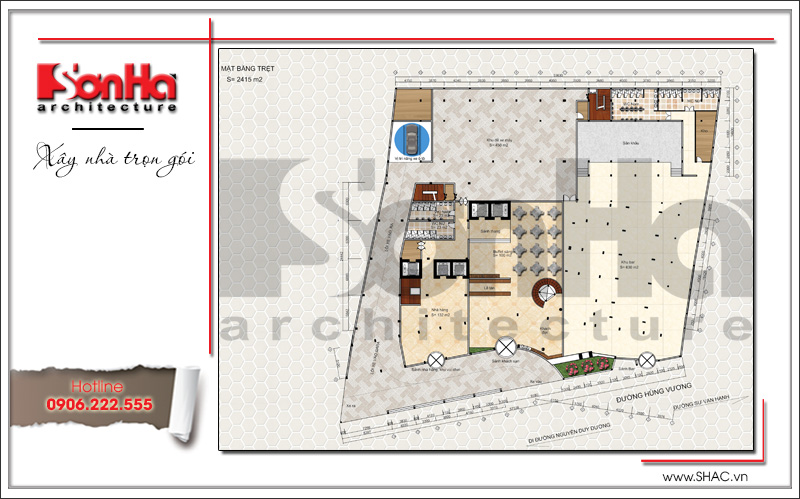 Bản vẽ mặt bằng công năng tầng trệt khách sạn 5 sao Q-MaMa hiện đại tại Sài Gòn 